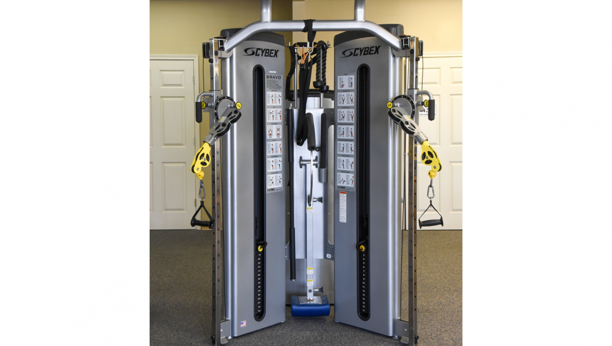 Cybex Bravo Functional Trainer with Stabilizer Pad and Adjustable Pulley Brackets.